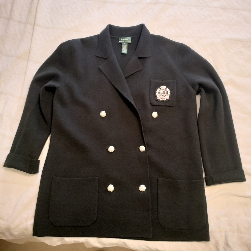 Ralph Lauren L Black Merino Wool Double Breasted Sweater Jacket Cardigan Crest